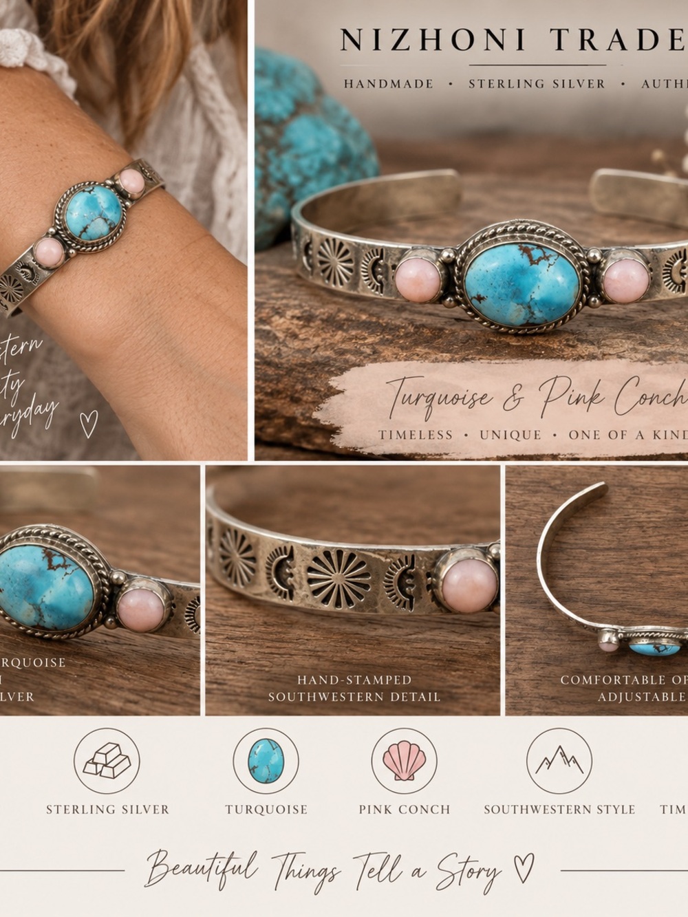 Nizhoni Traders Turquoise and Pink Conch Cuff Bracelet